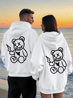 Mondschein Sevgili Çift Kombin Ayıcık Baskılı Kapüşonlu Sweatshirt 2’li Unisex Hoodie