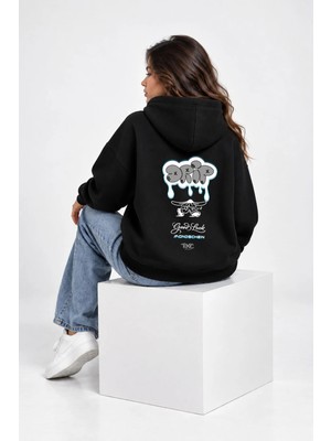 Mondschein Unisex Kadın Erkek Drip Toxic Tasarım Yazı Baskılı Oversize 3 Iplik Kapüşonlu Sweatshirt