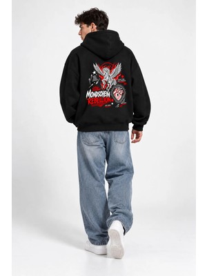 Mondschein Unisex Kadın Erkek Rebellion Tasarım Yazı Baskılı Oversize 3 Iplik Kapüşonlu Sweatshirt