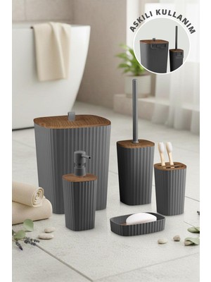 altabi Safir Antrasit Ahşap Desenli Çizgili Banyo Seti 5 Parça Plastik