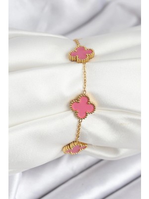 Pileli Store 316L Çelik Gold Zincir Pembe Yonca Renk Bileklik TJ-BB7908