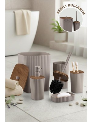 altabi Safir Vizon Ahşap Desenli Çizgili Banyo Seti 5 Parça Plastik