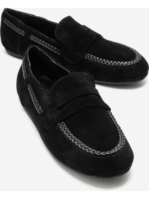 Luvi Francıs Siyah Süet Hakiki Deri Örgü Detaylı Kadın Loafer Ayakkabı