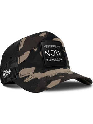 BlackBörk Yesterday Now Tomorrow Logolu Kamuflaj-Siyah Trucker Şapka