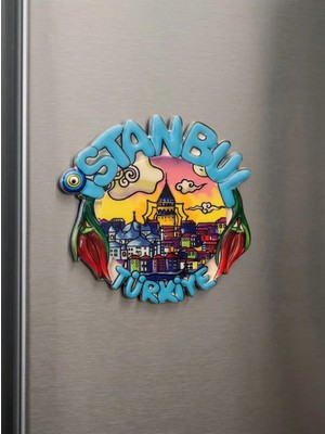 Istanbul Türkiye Hatırası Kabartmalı Turistik Magnet - Galata Kulesi, Nazar Boncuğu ve Lale Detaylı Buzdolabı Süsü & Hediyelik Obje