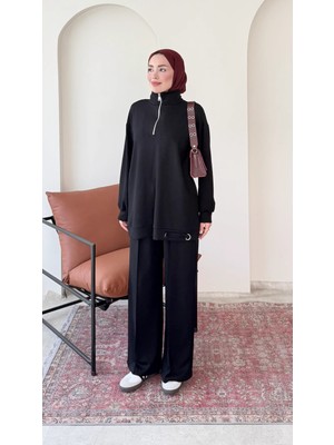 RFK Butik Kadın Oys.ho Rahat Kalıp Fermuarlı Halka Detaylı Tunik Pantolon Takım - Siyah
