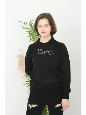 Velmora Fashion Kadın Bisiklet Yaka Kazak Baskılı Dokuma Triko - Siyah
