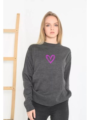 Velmora Fashion Kadın Bisiklet Yaka Kazak Baskılı Dokuma Triko - Füme
