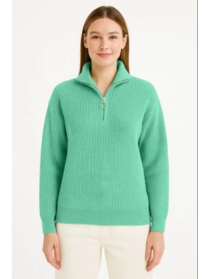 Velmora Fashion Kadın Yarım Fermuarlı Triko Kazak Selanik Örgü Dik Yaka Pamuklu Dokuma - Mint Yeşili