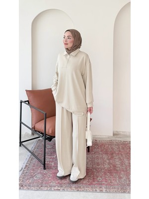 RFK Butik Kadın Oys.ho Rahat Kalıp Fermuarlı Halka Detaylı Tunik Pantolon Takım - Taş