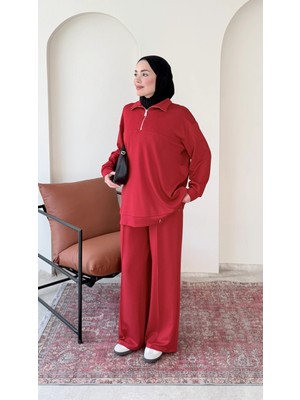 RFK Butik Kadın Oys.ho Rahat Kalıp Fermuarlı Halka Detaylı Tunik Pantolon Takım - Kırmızı