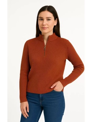 Velmora Fashion Kadın Yarım Fermuarlı Triko Kazak Selanik Örgü Dik Yaka Pamuklu Dokuma Oversize - Kiremit