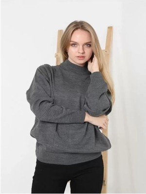 Velmora Fashion Kadın Yarım Balıkçı Yaka Triko Kazak - Füme