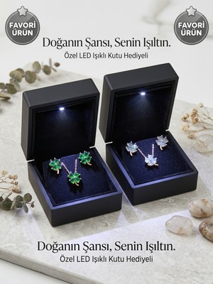 925 Ayar Gümüş Papatya Silver Özel Tasarım Yeşil Taşlı Yonca Kolye Küpe Set.rose.gold.rodaj