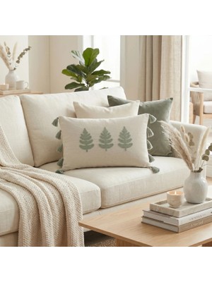 Destiva Home Buldan Işi Ağaç Desenli Punch Nakışlı Püsküllü Gizli Fermuarlı Pamuk Kırlent Kılıfı 35X55 cm