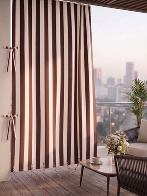Megamix Balkon Perdesi En x Boy Seçenekli Bağcıklı Balkon Brandası Kahverengi Şerit Desenli