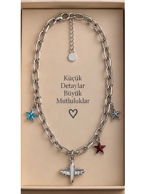 Xuping Mia Homee Uçak Figürlü Renkli Yıldız Charm Kadın Kolye – Gümüş Renk Ayarlanabilir Zincir