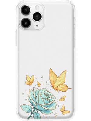 LOTUS GOLD iPhone 11 Pro Uyumlu Gül ve Kelebek Desenli Şeffaf Telefon Kılıfı