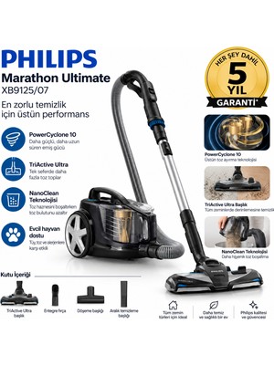 Philips Marathon Ultimate Toz Torbasız Elektrikli Süpürge, Powercyclone 10, Triactive Ultra Başlık, Nanoclean, Allergy H13 Filtre, XB9125/07