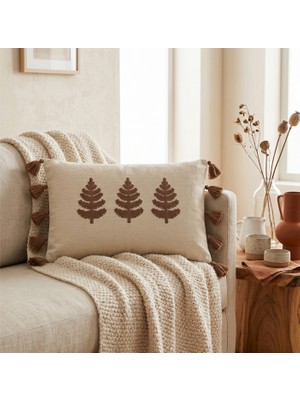 Destiva Home Buldan Işi Ağaç Desenli Punch Nakışlı Püsküllü Gizli Fermuarlı Pamuk Kırlent Kılıfı 35X55 cm