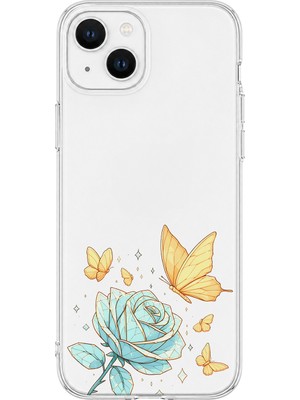LOTUS GOLD iPhone 14 Uyumlu Gül ve Kelebek Desenli Şeffaf Telefon Kılıfı