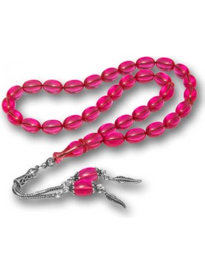 Pileli Store Gümüş Püsküllü Pembe Ateş Kehribar Tesbih