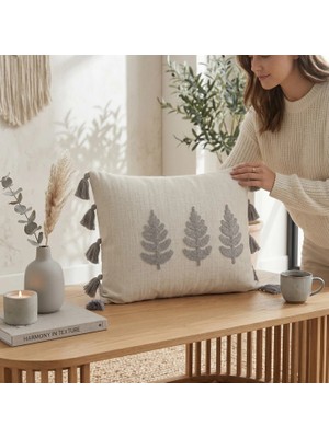 Destiva Home Buldan Işi Ağaç Desenli Punch Nakışlı Püsküllü Gizli Fermuarlı Pamuk Kırlent Kılıfı 35X55 cm