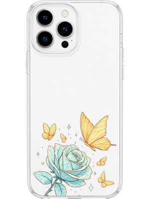 LOTUS GOLD iPhone 14 Pro Uyumlu Gül ve Kelebek Desenli Şeffaf Telefon Kılıfı