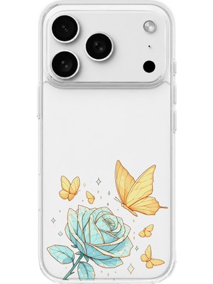 LOTUS GOLD iPhone 17 Pro Max Uyumlu Gül ve Kelebek Desenli Şeffaf Telefon Kılıfı