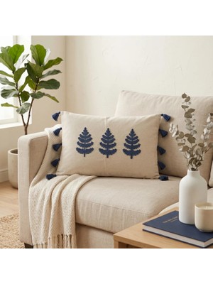 Destiva Home Buldan Işi Ağaç Desenli Punch Nakışlı Püsküllü Gizli Fermuarlı Pamuk Kırlent Kılıfı 35X55 cm