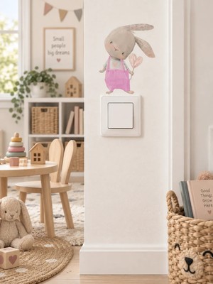 Priz - Pembe Tulumlu Tavşan Dekoratif Priz Sticker