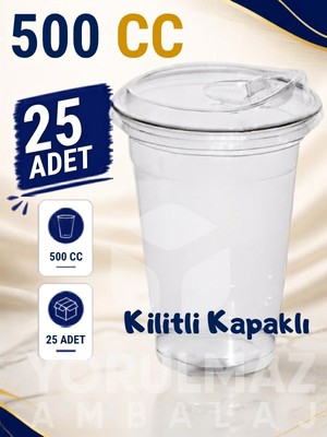 Yorulmaz Ambalaj 🧊 500 cc Kilitli Kapaklı Plastik Bardak 25 Adet | 🥤 Sızdırmaz Soğuk Içecek Bardağı