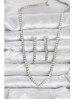 Pileli Store Gümüş Renk Zirkon Taşlı Kadın Kolye Küpe Seti TJ-BKO10638