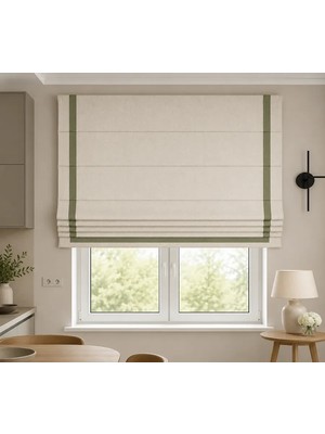 Pera Store Ekru Keten Fon Üzerine Çağla Yeşil Biyeli Katlamalı Perde