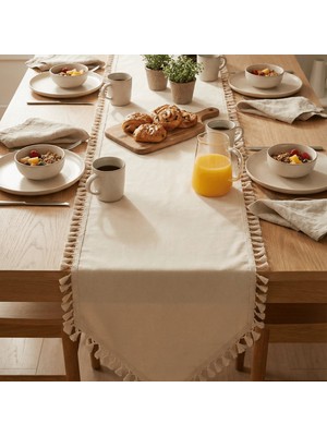 Destiva Home Buldan Işi Bej Püskül Detaylı Pamuk Keten Runner (50X140 Cm)