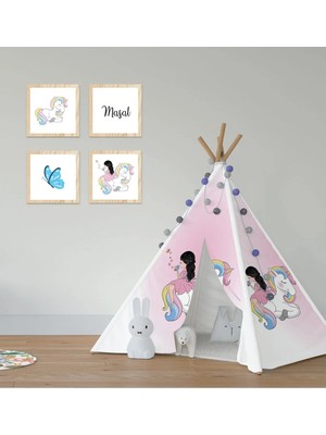 St. Morritz Çocuk Bebek Odası Oyun Çadırı Renkli Unicorn Elinde Kelebek Kız