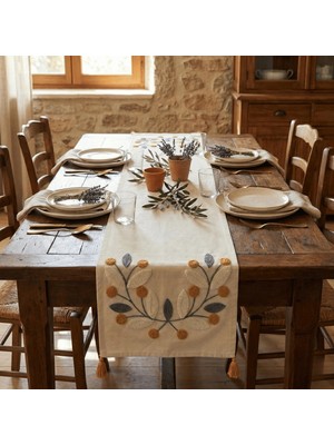 Destiva Home Buldan Işi Çiçek Desen Nakışlı Sarı Püsküllü Pamuk Runner (40X130 Cm)