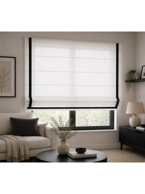 Pera Store Beyaz Keten Katlamalı Perde Siyah Biyeli Modern Tasarım 180 x 180 cm
