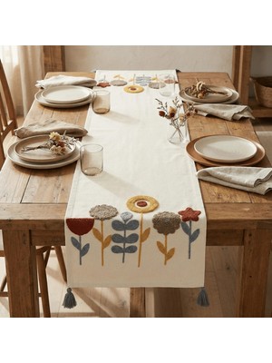 Destiva Home Buldan Işi Çiçek Desen Nakışlı Püsküllü Pamuk Runner (40X130 Cm)