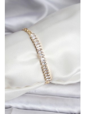 Pileli Store 14K Gold Renk Kaplama Zirkon Taşlı Baget Model cm Kadın Bileklik TJ-BB8126