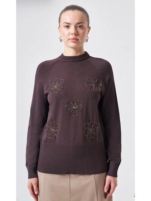 Nuss 204 Çiçekleri Boncuk Işlemeli Merserize Bluz Kahve