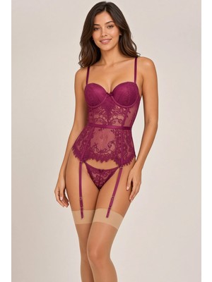 eyetis KadınSeksi Jartiyerli Destekli Dantel Tül Detaylı İç Çamaşırı Takımı, Askılı, KülotluFile Çorap Gecelik Seti