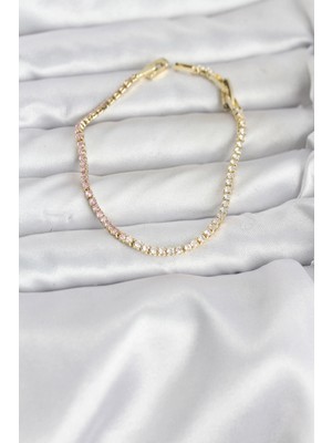 Pileli Store Pembe ve Beyaz Zirkon Taşlı Gold Renk Su Yolu Kadın Bileklik TJ-BB8150