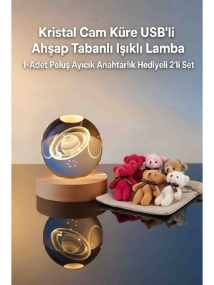 Wolawood Kristal Cam Kar Küresi Işıklı Usb’li Lamba & Mini Peluş Ayıcık Anahtarlık Hediyeli 2’li Set Şık Sevimli, Masaüstü Dekor, Özel Gün Hediye Seti