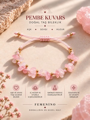 Femenino Pembe Kuvars (Aşk Taşı) Birinci Kalite Doğal Taş Merdiven Kapama Tasarım Bileklik