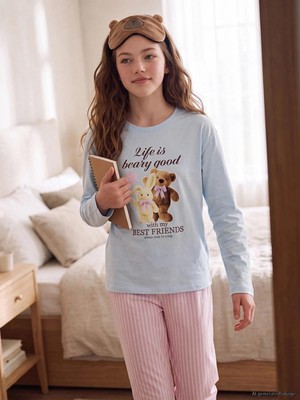 LC Waikiki Bisiklet Yaka Baskılı Kız Çocuk Pijama Takımı  (W6)