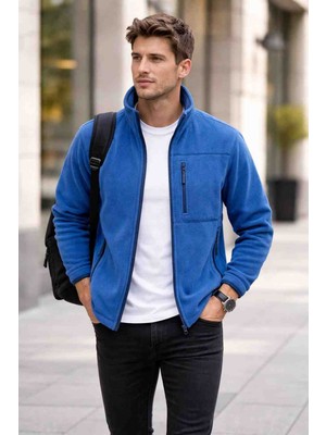 Bizim Terzi Mavi Polar 3 Cepli Tam Fermuarlı Slim Fit Anti Pilling Tüylenme Yapmaz. Hava Geçirmez