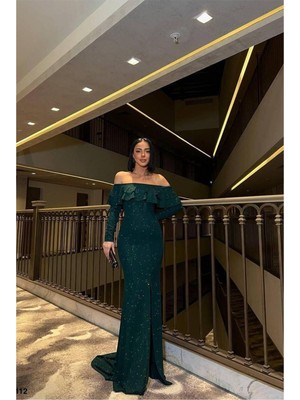 Lior Design Kadın Modern Stil Esnek Simli Kumaş Straplez Volanlı Abiye Elbise