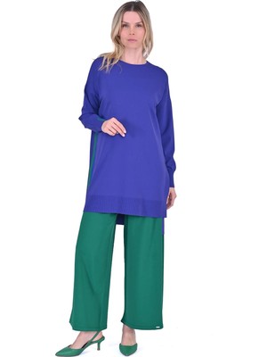 Invee Oversize Renk Detaylı Triko Tunik Morcivert 6367