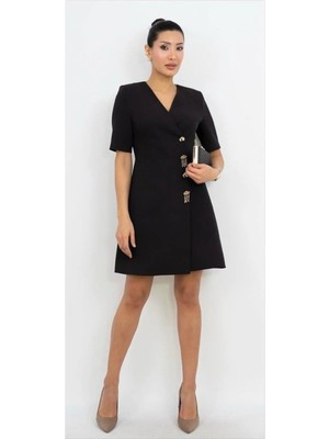 Dorne Moda Premium Gold Düğme Detaylı Mini Elbise - Düğün - Mezuniyet - Ofis Şıklığı
